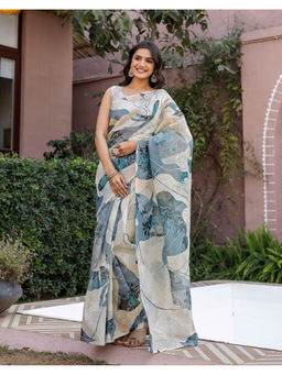 SATRANI - Women Silk Printed Off White Saree With Unstitched Blouse