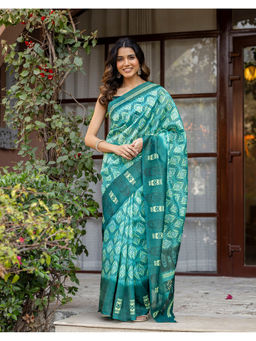 SATRANI - Women's Silk Geometric Green Saree With Unstitched Blouse