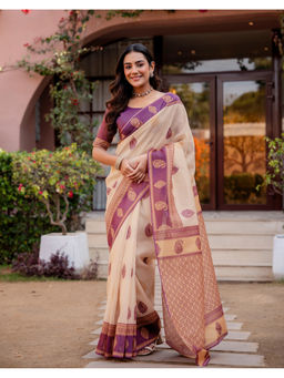 SATRANI - Women's Silk Paisley Cream Saree With Unstitched Blouse