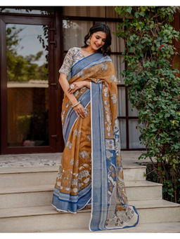 SATRANI - Women's Linen Printed Brown Saree With Unstitched Blouse