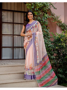SATRANI - Women Linen Floral Peach Saree With Unstitched Blouse