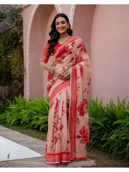 SATRANI - Women's Linen Floral Peach Saree With Unstitched Blouse