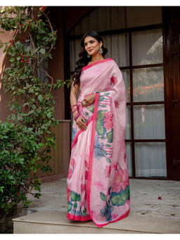 SATRANI - Women's Silk Floral Pink Saree With Unstitched Blouse
