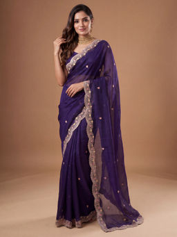 Akhilam - Women's Satin Embroidered Purple Saree With Unstitched Blouse
