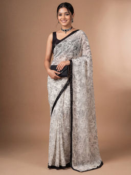 Akhilam - Women's Georgette Printed Off White Saree With Unstitched Blouse