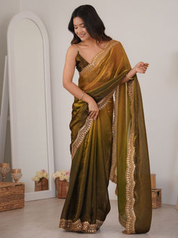 Sareemall - Women's Satin Ombre Olive Saree With Unstitched Blouse