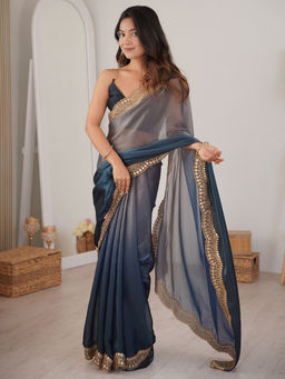 Sareemall - Women's Satin Ombre Teal Saree With Unstitched Blouse