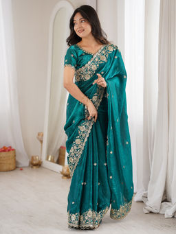 Akhilam - Women's Satin Sequined Teal Saree With Unstitched Blouse
