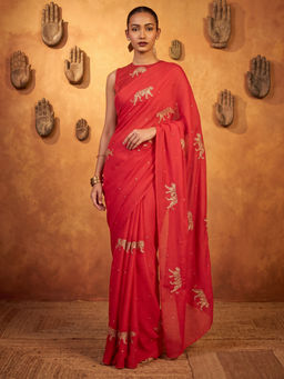 Akhilam - Women's Satin Animal Print Red Saree With Unstitched Blouse