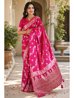 Elora - Women's Silk,Banarasi Floral Pink Saree With Unstitched Blouse
