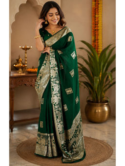 Elora - Women's Silk,Banarasi Geometric Green Saree With Unstitched Blouse
