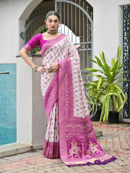 Odette - Women Silk Blend Printed Off White Saree without Blouse