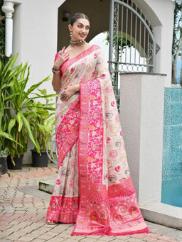 Odette - Women's Silk Blend Off White Saree without Blouse