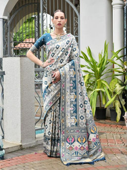 Odette - Women's Silk Blend Printed Grey Saree without Blouse