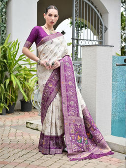 Odette - Women's Silk Blend Printed Off White Saree without Blouse