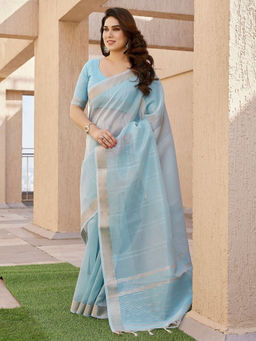 Odette - Women's Silk Blend Solid Blue Saree without Blouse