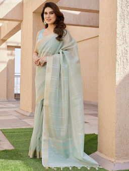 Odette - Women's Silk Blend Solid Green Saree without Blouse