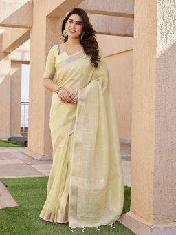 Odette - Women's Silk Blend Solid Yellow Saree without Blouse