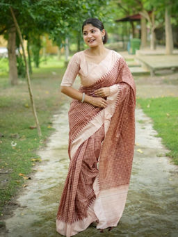 Odette - Women's Silk Blend Checks Brown Saree without Blouse