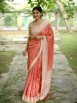Odette - Women's Silk Blend Checks Orange Saree without Blouse