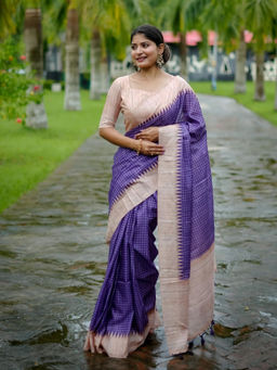 Odette - Women's Silk Blend Checks Purple Saree without Blouse