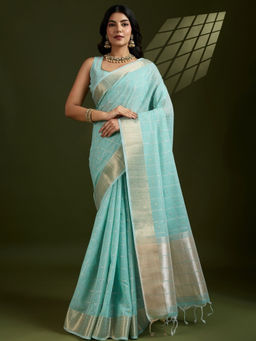 Odette - Women's Silk Blend Checks Blue Saree without Blouse