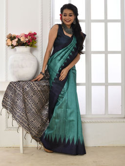 Odette - Women's Silk Blend Printed Blue Saree without Blouse