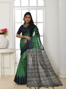 Odette - Women's Silk Blend Printed Green Saree without Blouse
