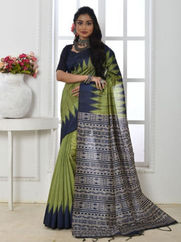 Odette - Women's Silk Blend Printed Olive Saree without Blouse