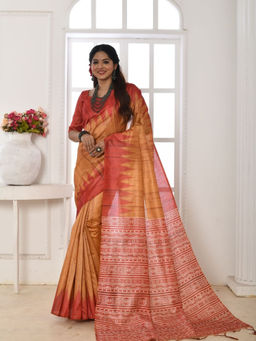 Odette - Women's Silk Blend Printed Rust Saree without Blouse