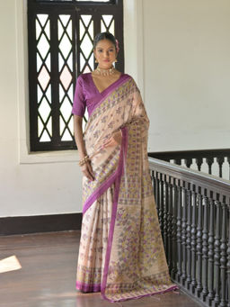 Odette - Women's Silk Blend Printed Beige Saree without Blouse
