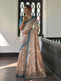 Odette - Women Silk Blend Beige Saree without Blouse