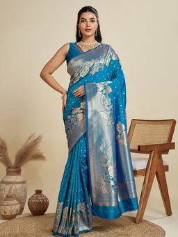 Odette - Women's Silk Blend Floral Blue Saree without Blouse