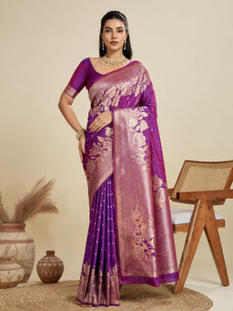 Odette - Women's Silk Blend Floral Magenta Saree without Blouse