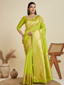 Odette - Women Silk Blend Floral Green Saree without Blouse