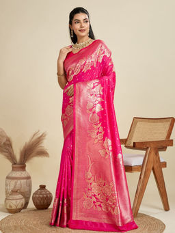 Odette - Women's Silk Blend Floral Pink Saree without Blouse