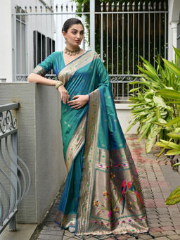 Odette - Women's Silk Blend Woven Teal Saree without Blouse