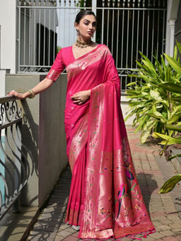 Odette - Women's Silk Blend Woven Pink Saree without Blouse