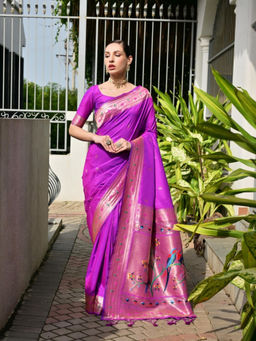 Odette - Women's Silk Blend Woven Purple Saree without Blouse