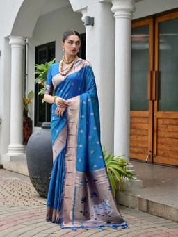Odette - Women Silk Blend Woven Blue Saree without Blouse