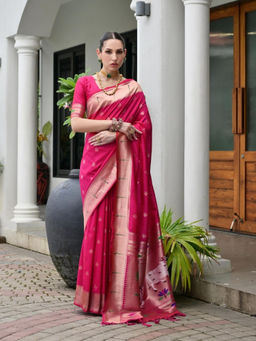 Odette - Women Silk Blend Woven Pink Saree without Blouse