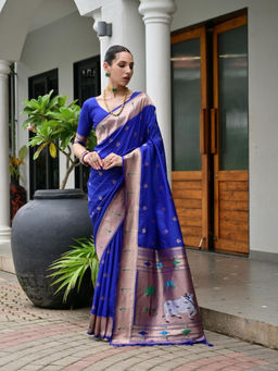Odette - Women's Silk Blend Woven Navy Blue Saree without Blouse