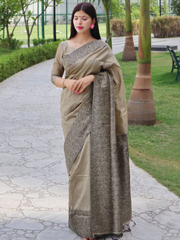 Odette - Women Silk Blend Printed Beige Saree without Blouse