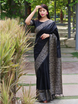 Odette - Women's Silk Blend Printed Black Saree without Blouse