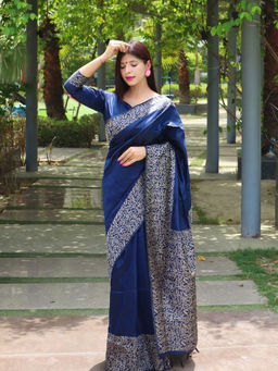 Odette - Women's Silk Blend Printed Navy Blue Saree without Blouse