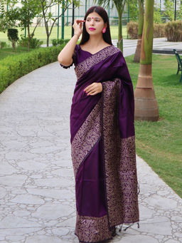 Odette - Women Silk Blend Printed Purple Saree without Blouse