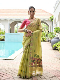 Odette - Women's Cotton Blend Embroidered Green Saree without Blouse
