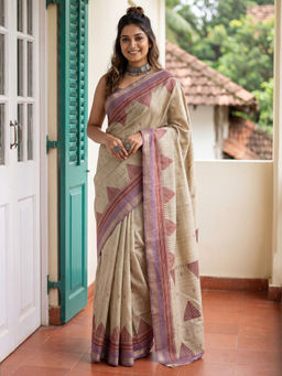 Akhilam - Women Printed Beige Saree With Unstitched Blouse