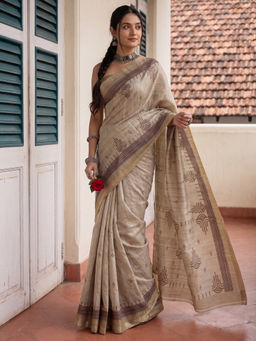 Akhilam - Women's Tussar Silk Beige Saree With Unstitched Blouse