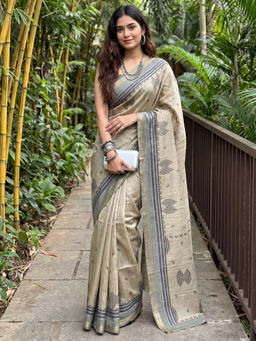 Akhilam - Women Tussar Silk Beige Saree With Unstitched Blouse